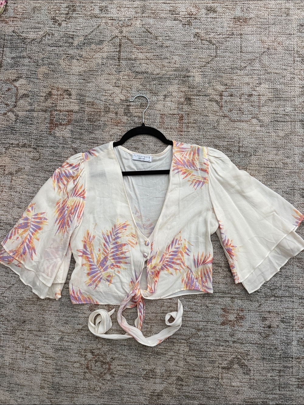 Flynn Skye Cream Cropped Tie-Front Blouse with Pink & Purple Leaf Print